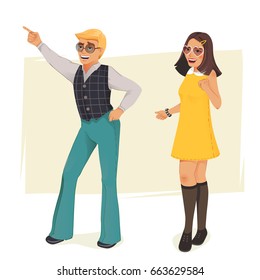 Dancing people in a retro disco. Man and woman in 60s, 70s style. Cartoon vector illustration.