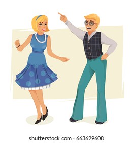 Dancing people in a retro disco. Man and woman in 60s, 70s style. Cartoon vector illustration.