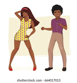 Dancing people in a retro disco. Man and woman in 60s, 70s style. Cartoon vector illustration.