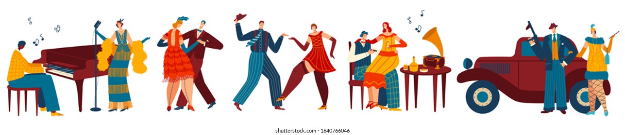 Dancing People In Retro Style, Gangster Party Vector Illustration. Cartoon Characters In Art Deco Fashion, Dancers And Singer At Restaurant. Men And Women Dance To Jazz Music, Mafia Style Party