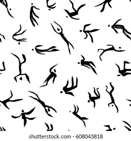 Dancing people seamless pattern. Black characters in motion isolated on white background. Silhouettes symbols of dancing movements. Vector backdrop with abstract human dance figures.