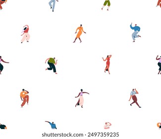 Dancing people, seamless pattern design. Happy tiny characters at disco party, discotheque, endless background. Repeating print, fun and rave. Flat vector illustration for wrapping, fabric, textile