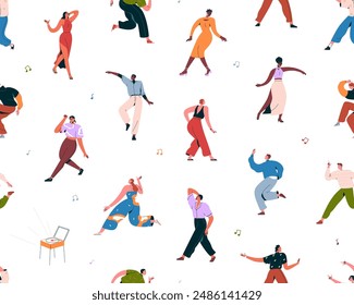 Dancing people, seamless pattern. Happy celebration, party background, repeating print design. Disco characters celebrating. Discotheque, festival fun and rave to music. Flat vector illustration