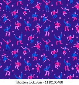 Dancing people seamless pattern on dark background. Cartoon illustration for your design.