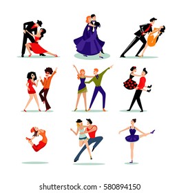 Dancing people set in different clothes and various dance styles isolated vector illustration