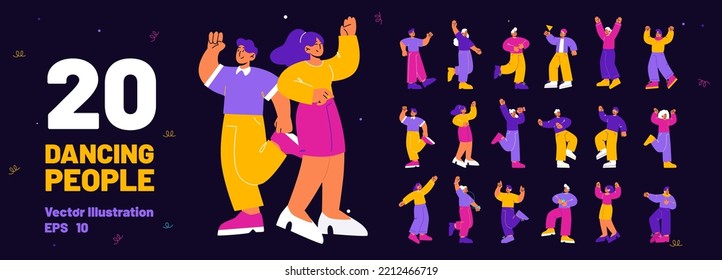 Dancing people set. Happy characters in different poses, excited men and women have fun, joy and dance isolated on black background, vector flat illustration