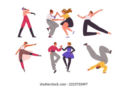 Dancing people set. Happy characters, young couples, man and woman dancers in movement, action to energetic music, fun and rave energy. Flat vector illustrations isolated on white background