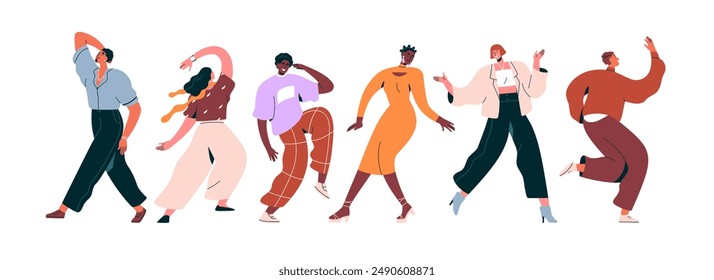 Bailando gente. Felices alegres hombres alegres, mujeres en la fiesta de la discoteca, club. Personajes masculinos y femeninos modernos mudándose a la música en la discoteca. Ilustración vectorial plana aislada sobre fondo blanco