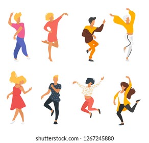 Dancing people set - man and woman. Silhouette characters in dance pose enjoy party. Isolated on white background. Modern performer.