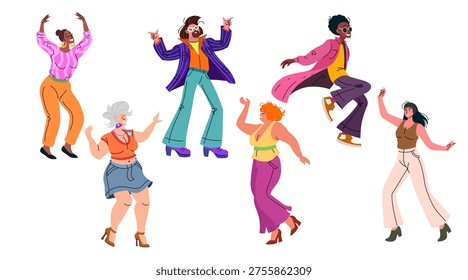 Dancing people set. Modern men and women at disco party. Happy people moving to music. Retro disco flat characters. Vector illustration isolated on white background.