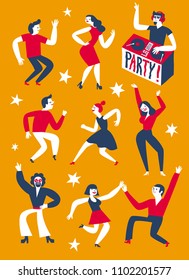 Dancing people set. Party with DJ poster. Cartoon illustration for your design.