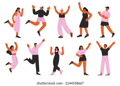 Dancing people set. Positive activity characters, trendy style fashion men and women. Happy teens and adults dance, isolated swanky vector persons