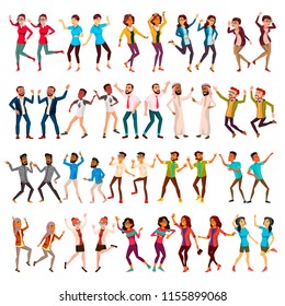 Dancing People Set Vector. Celebrating Dances. Moves. Holiday Vacation Party. People Listening To Music. Happy Dancer Poses. Isolated Flat Cartoon Illustration