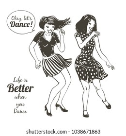 Dancing people Set. Young couple dancing swing, charleston. Retro style party. Vector sketch illustration.