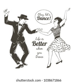 Dancing people Set. Young couple dancing swing, charleston. Retro style party. Vector sketch illustration.