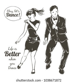 Dancing people Set. Young couple dancing swing, charleston. Retro style party. Vector sketch illustration.