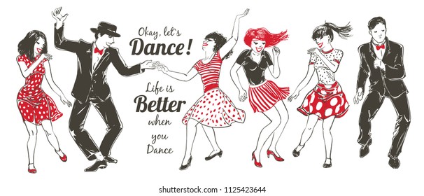 Dancing people Set. Young couple dancing swing, charleston. Retro style party. Vector sketch illustration.