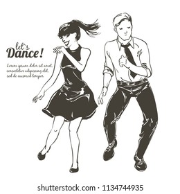Dancing people Set. Young couple dancing swing, charleston. Retro style party. Vector sketch illustration.