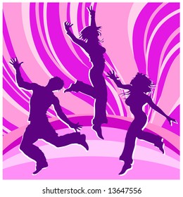 Dancing people, silhouette guys and girls in colour rainbows, illustration