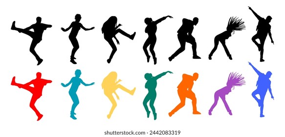 Dancing people silhouettes black and colorful set.