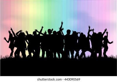 Dancing people silhouettes. Large group.