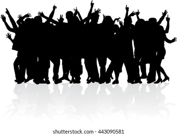 Dancing people silhouettes. Large group.