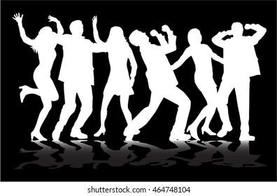 Dancing people silhouettes. Large group.