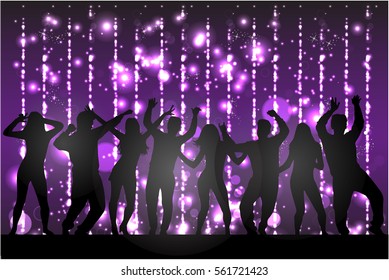 Dancing people silhouettes. Large group.