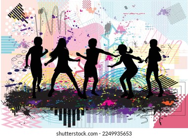 Dancing people silhouettes , retro background.	