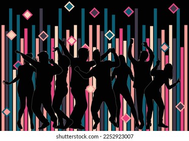 Dancing people silhouettes , retro background.	