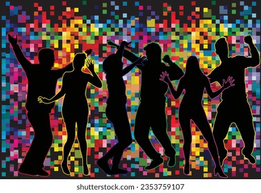 Tanzende Menschen Silhouetten, Retrohintergrund.	