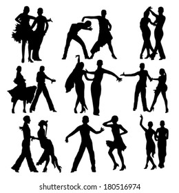 Dancing people silhouettes set