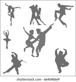 Dancing people silhouettes, set of nine characters - hand drawn cartoon vector illustration