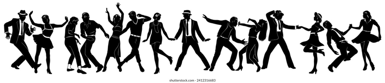 Dancing People Silhouettes Set. Swing, Twist, Charleston, Disco Dancers. All figures are separate and fully completed. Can be used alone, in pairs or groups. Vector cliparts isolated on white.