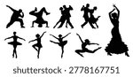 Dancing people silhouettes set. Vector black illustrations of Ballet, Hip Hop, Flamenco and Ballroom Dancers