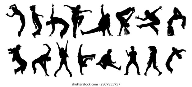 Silhouettes de gente bailando. Bailarinas adolescentes hip hop, dibujo vectorial de contorno de ruptura aislado en fondo blanco. Muchacha genial, niña y niño bailando en la calle