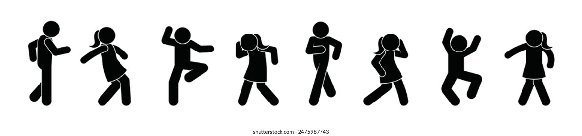 dancing people, stickman icon, men and women having fun, isolated human silhouettes