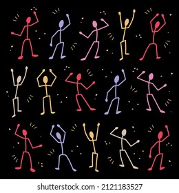 Dancing people. Stylized disco with funny dancing characters on a black background.