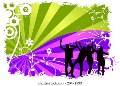 dancing people vector design with flower ornaments and grunge elements