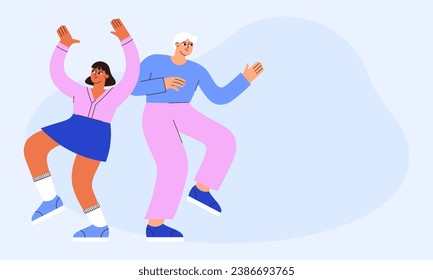 Dancing people vector flat illustration. Guy and girl dancing at a party