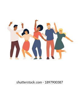 Dancing People Vector Illustration. Flat Characters - Young Cheerful Men And Women - Dancing And Smiling. Celebration, Freedom, Party, Dance, Friends, Friendship, Relationship, Diversity Concepts. 