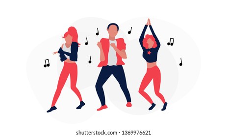 Dancing people vector illustration. Happy teenagers having a fun.