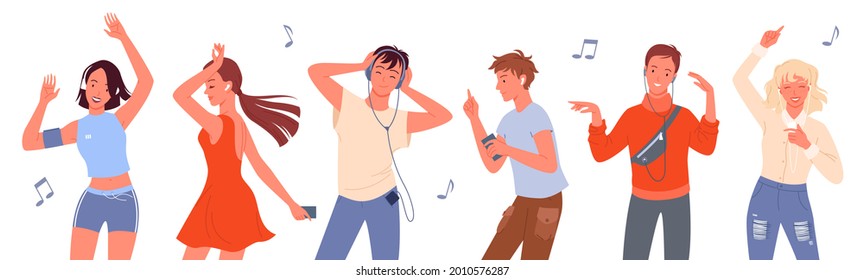 Dancing people vector illustration set. Cartoon young happy man and woman group of dancer characters listen to music with headphones and dance, crowd of friends on dance party isolated on white.