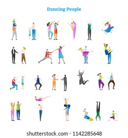 Dancing People Vector Illustrations Collection. Various Funky And Groovy Dance Moves, Active And Fun Party Crowd. Festive Event Couples, Males, Females, Kids And Adults In Motion On The Dance Floor.