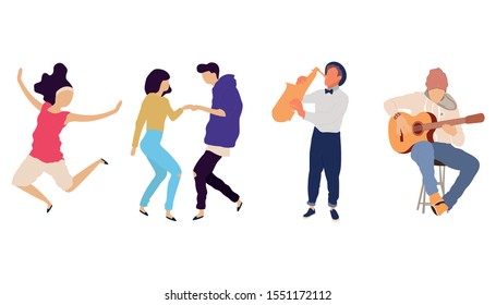 Dancing people vector isolated illustration. Musicians flat illustration