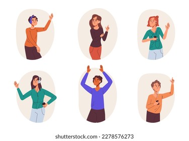 Dancing people vector set. Male and female dancers characters moving to music, dancing and enjoying party flat vector illustration collection
