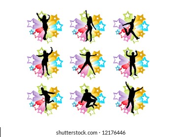 dancing people vector silhouettes with 3d stars