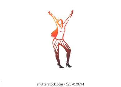 Dancing, people, woman, party, fun concept. Hand drawn attractive woman dancing concept sketch. Isolated vector illustration.