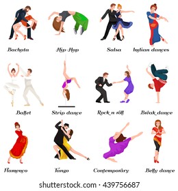 Dancing People Young Man And Woman Dancer Bachata Hiphop, Salsa, Indian Ballet Strip, Rock And Roll Break, Flamenco Tango Contemporary Belly Pictogram Dance Style Concept For Studio Class Banner Flyer