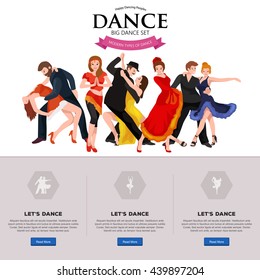 Dancing People young man and woman Dancer Bachata Hiphop, Salsa, Indian Ballet Strip, Rock and Roll Break, Flamenco Tango Contemporary Belly Pictogram Dance style concept for studio class banner flyer